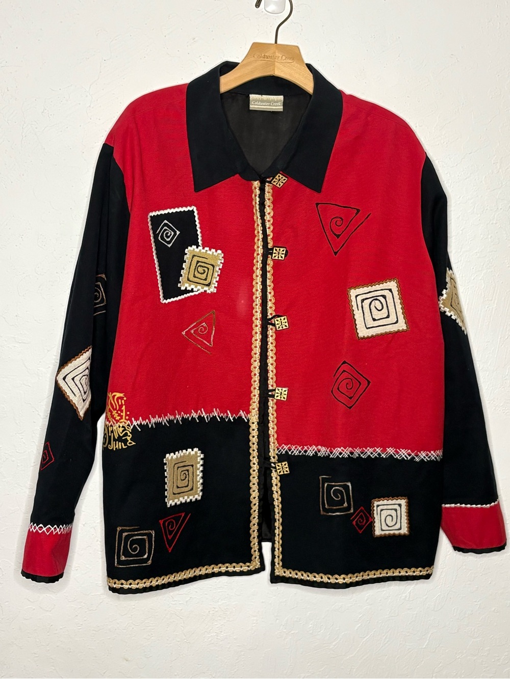 VTG Coldwater Creek Patchwork Art Jacket Womens Plus Size 2X 3X Red Black Boxy